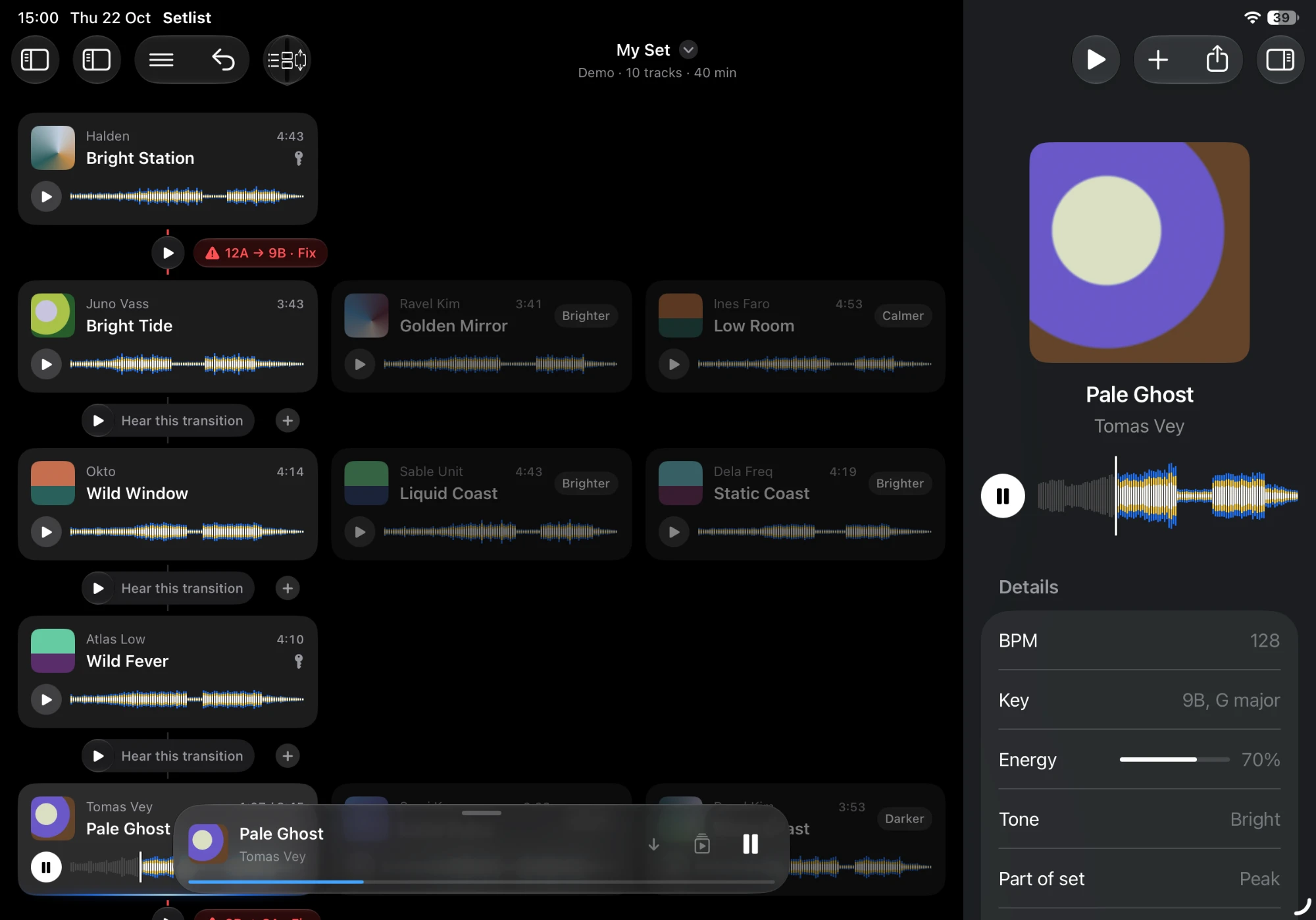 Setflow on iPad: the set in the middle with alternatives for each slot, and the track inspector with BPM, key and energy on the right