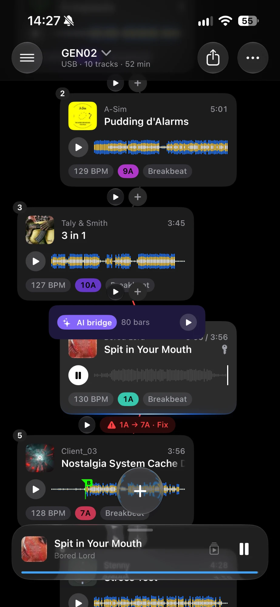 Setflow on iPhone: an AI bridge card between two tracks and a key clash marked with a Fix button