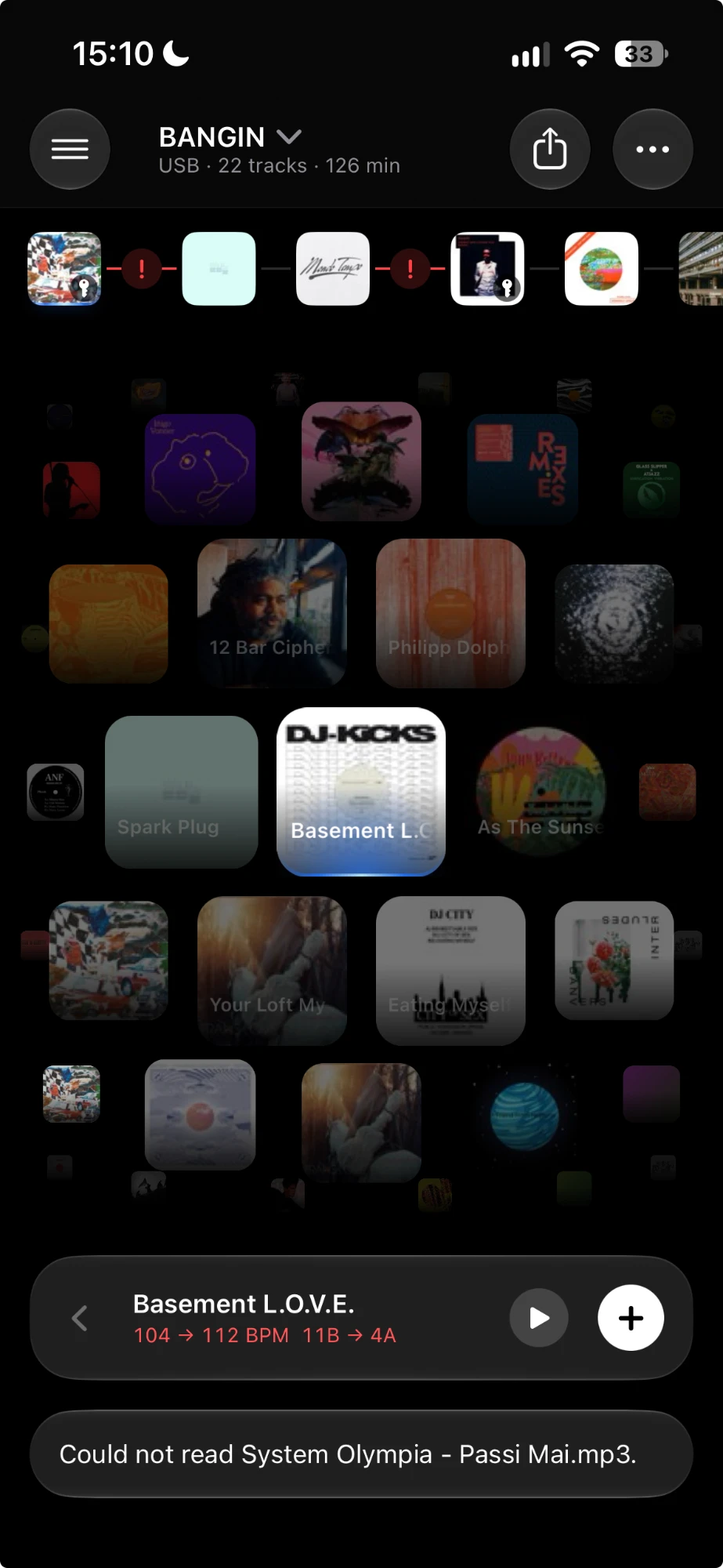 Setflow on iPhone: a set of tracks across the top, with the library as album art below and the next track ready to add